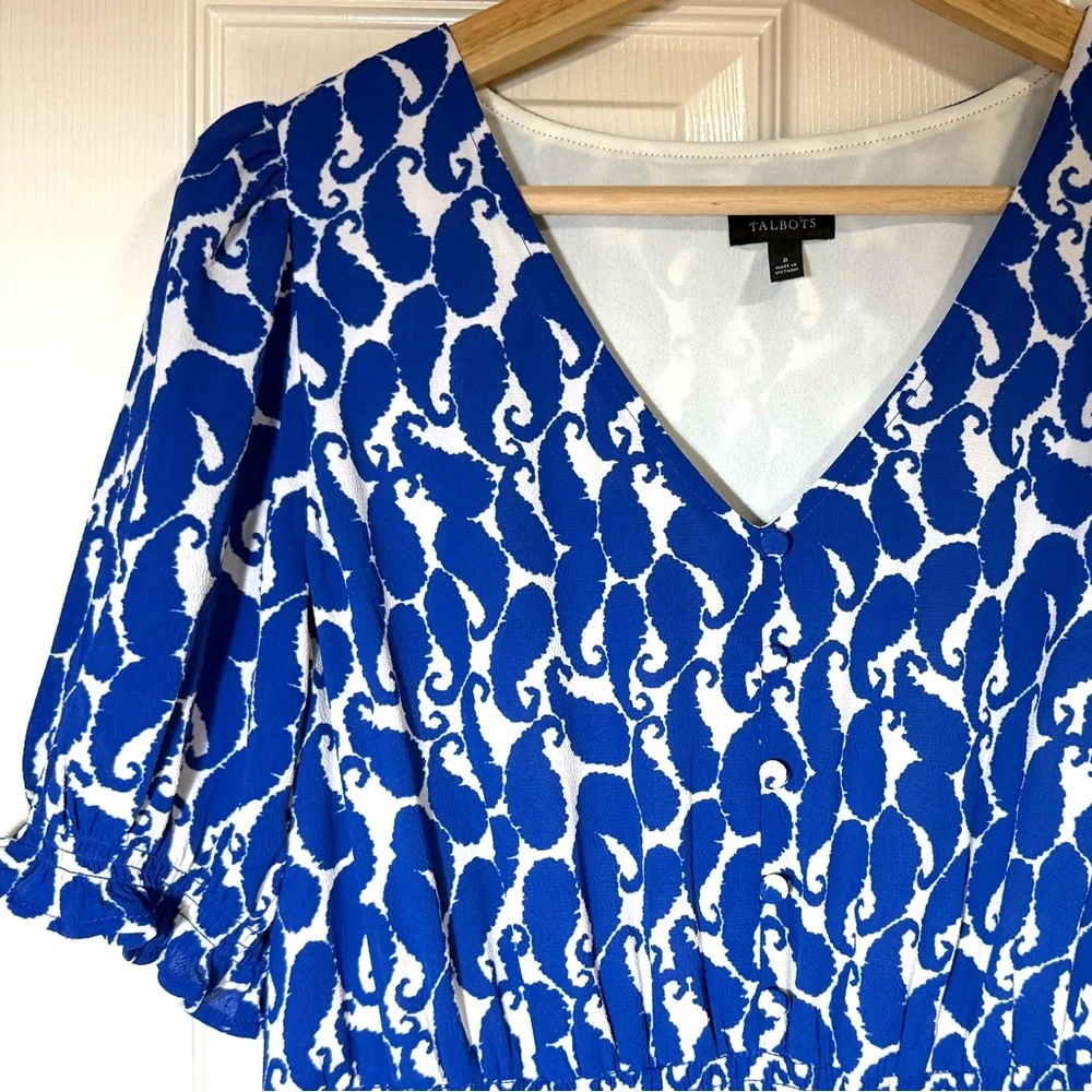 Talbots Size 8 Blue and White Midi Dress Romantic Casual Coastal Butterfly Fairy - Picture 5 of 11